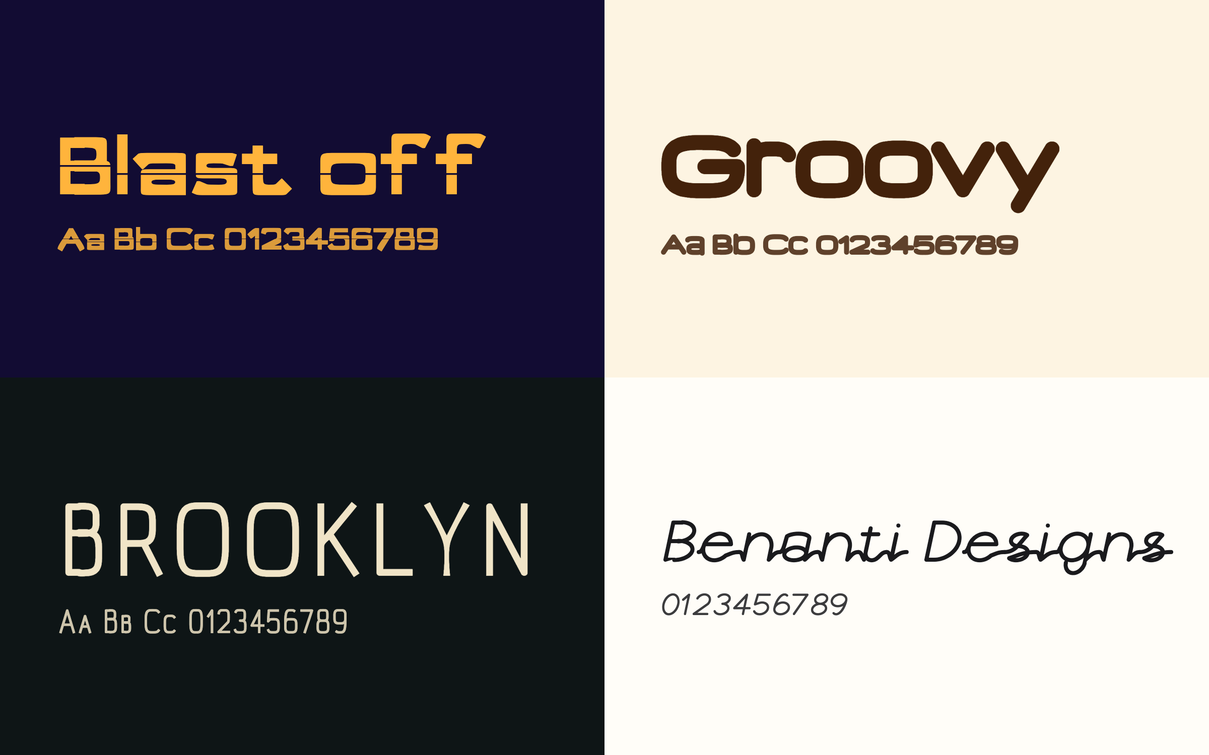 Four exported fonts set as specimens: Blast off in gold on navy, Groovy in brown on cream, BROOKLYN in cream on near black, and Benanti Designs in a connected script on white, each over a line of letters or numbers.