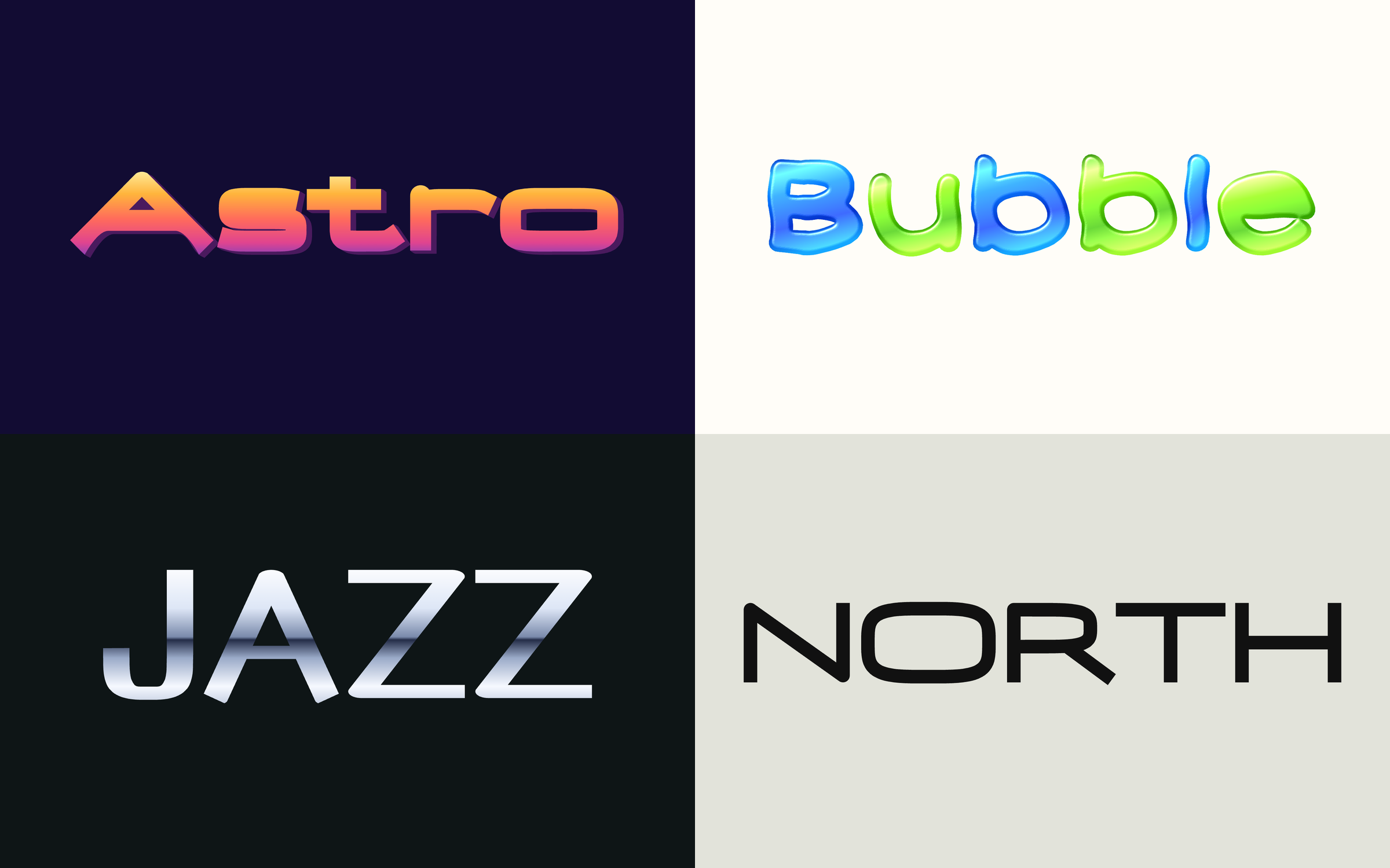 Four wordmarks exported as SVG: Astro in orange to pink Sunset letters on navy, Bubble in glossy blue and green Bubble gel on cream, JAZZ in Chrome on near black, and NORTH in solid black on pale gray.