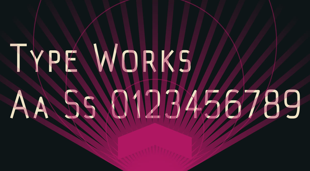 The Art deco scene: magenta sunburst rays and rings behind Type Works and Aa Ss 0123456789 in cream small capitals on near black.