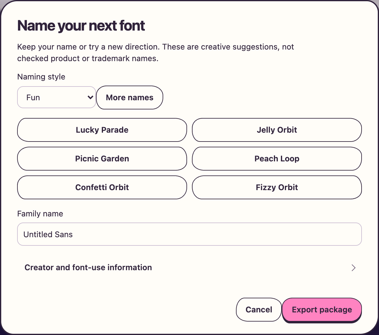 The Name your next font window: a Fun naming style, six suggested names such as Lucky Parade and Jelly Orbit, a family name field, and Cancel and Export package buttons.