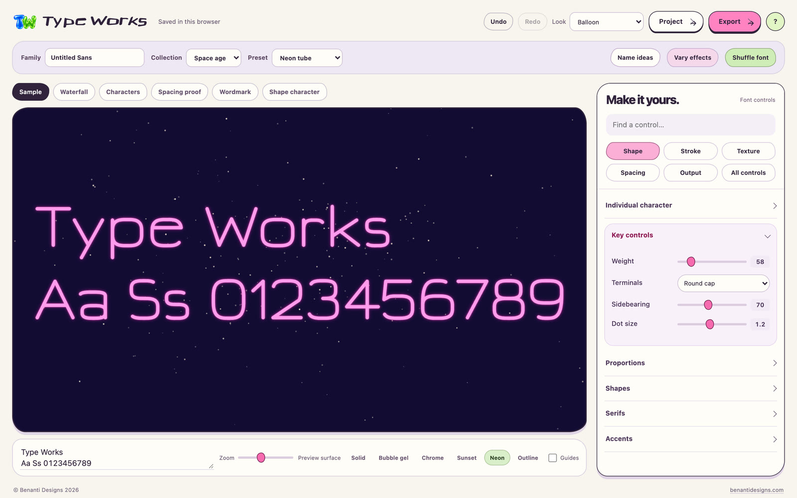Type Works with the Space age collection and Neon tube preset: Type Works and Aa Ss 0123456789 in thin glowing pink letters on a starry navy stage.
