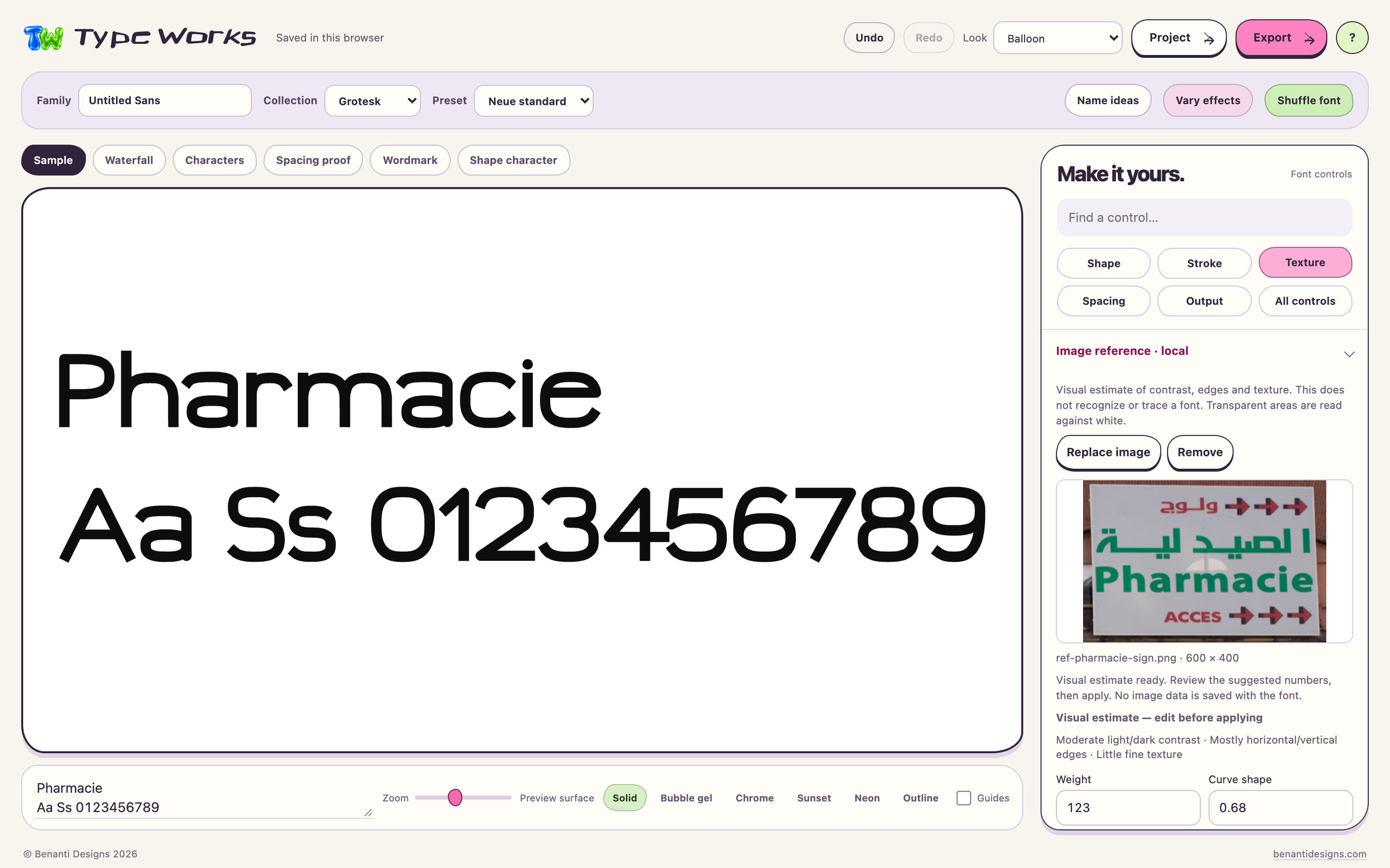 Type Works with Grotesk and Neue standard setting Pharmacie, and the Image reference panel showing a cropped photo of a green Pharmacie sign, its estimate and suggested weight and curve shape.
