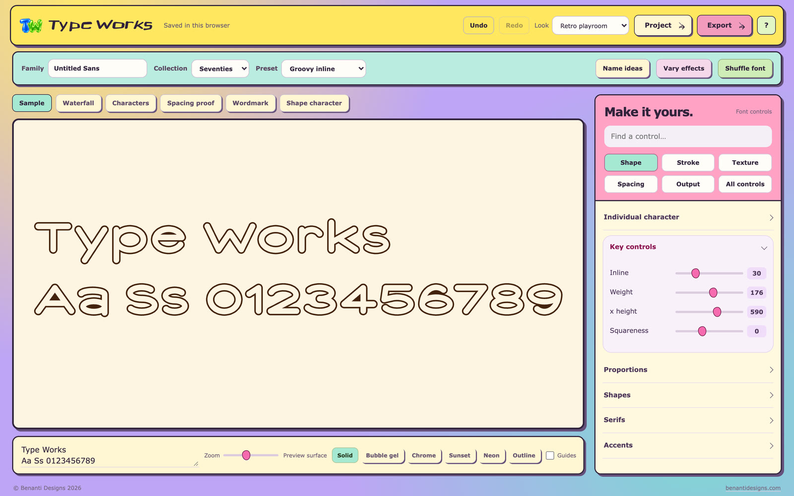 Type Works in its Retro playroom look, with a yellow header, a mint toolbar and a pink controls panel, showing the Seventies collection and Groovy inline preset as outlined letters on cream.