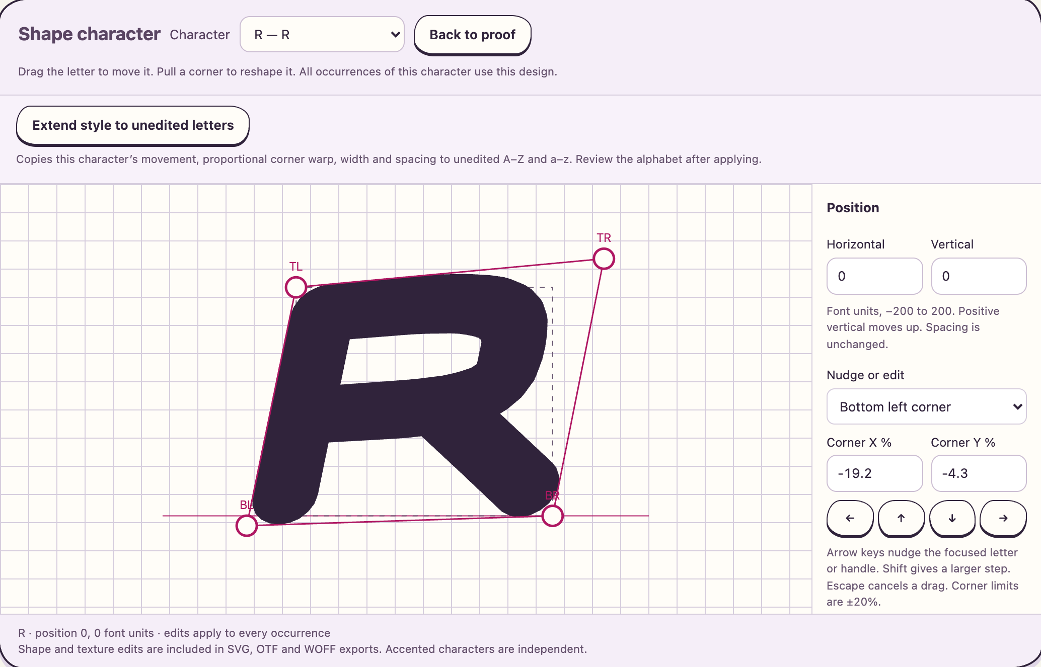 The Shape character view for a capital R, its top right and bottom left corner handles pulled into a slanted frame over a grid, with Position at 0 and 0, Bottom left corner selected at Corner X −19.2 and Corner Y −4.3 percent, and nudge arrows.