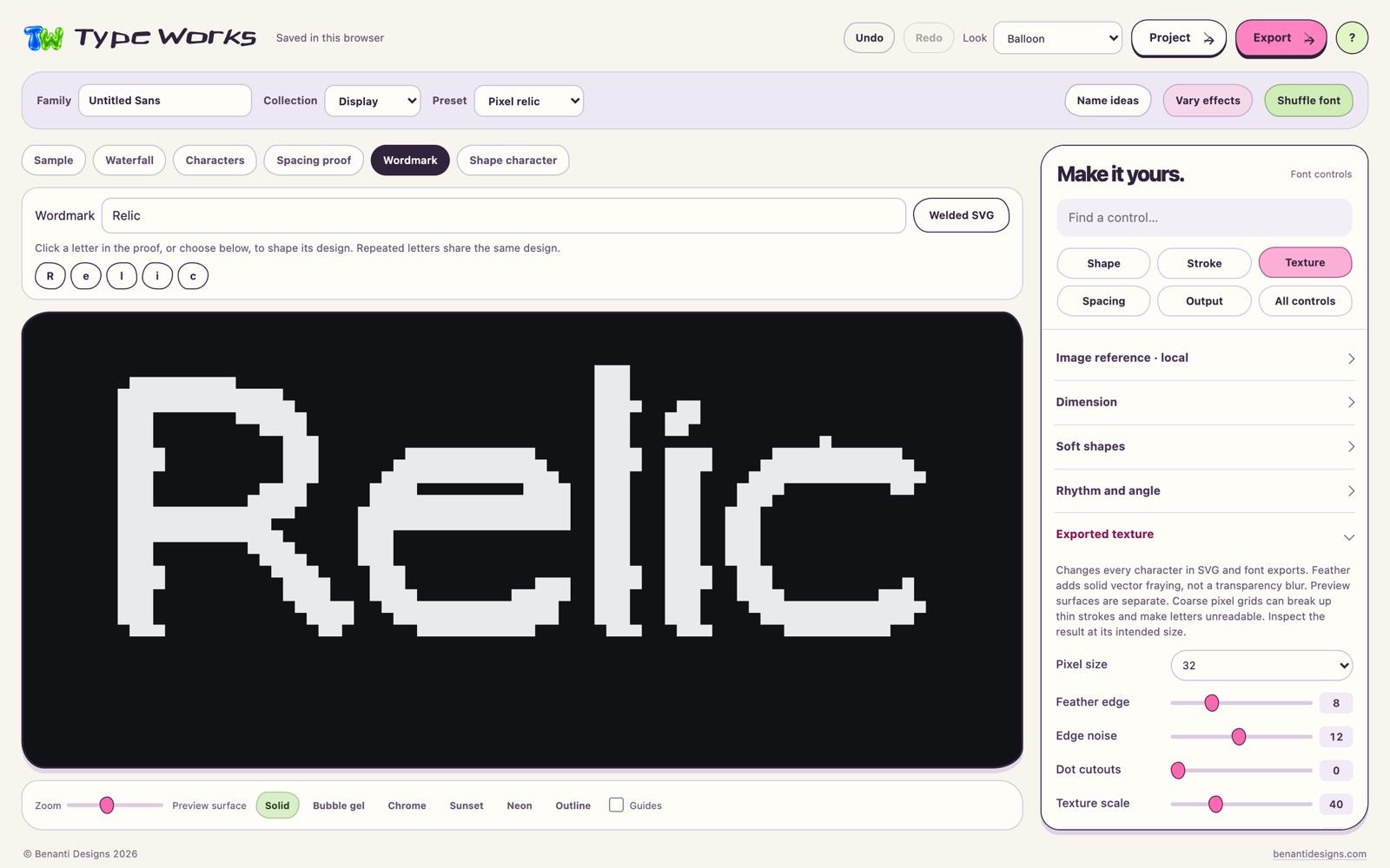 Type Works with Display and Pixel relic, the word Relic built from square pixel blocks in white on black, and the Exported texture panel set to pixel size 32, feather edge 8 and edge noise 12.