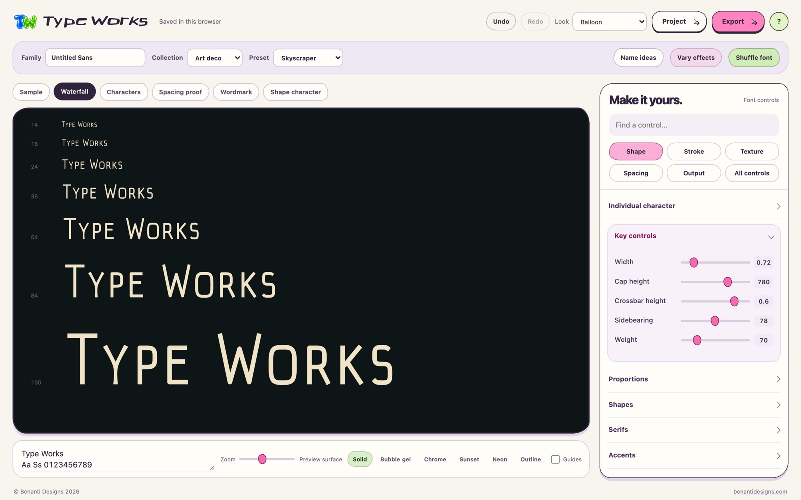 Type Works in the Waterfall tab with Art deco and Skyscraper: Type Works in cream small capitals on near black at seven sizes from 14 to 130.