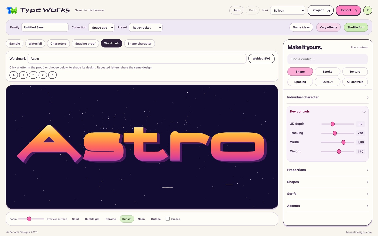 Type Works in the Wordmark tab with Astro typed in, set in orange to pink Sunset letters with a purple 3D edge on a starry navy stage, the letters A, s, t, r and o as buttons, and the Welded SVG button beside the word.